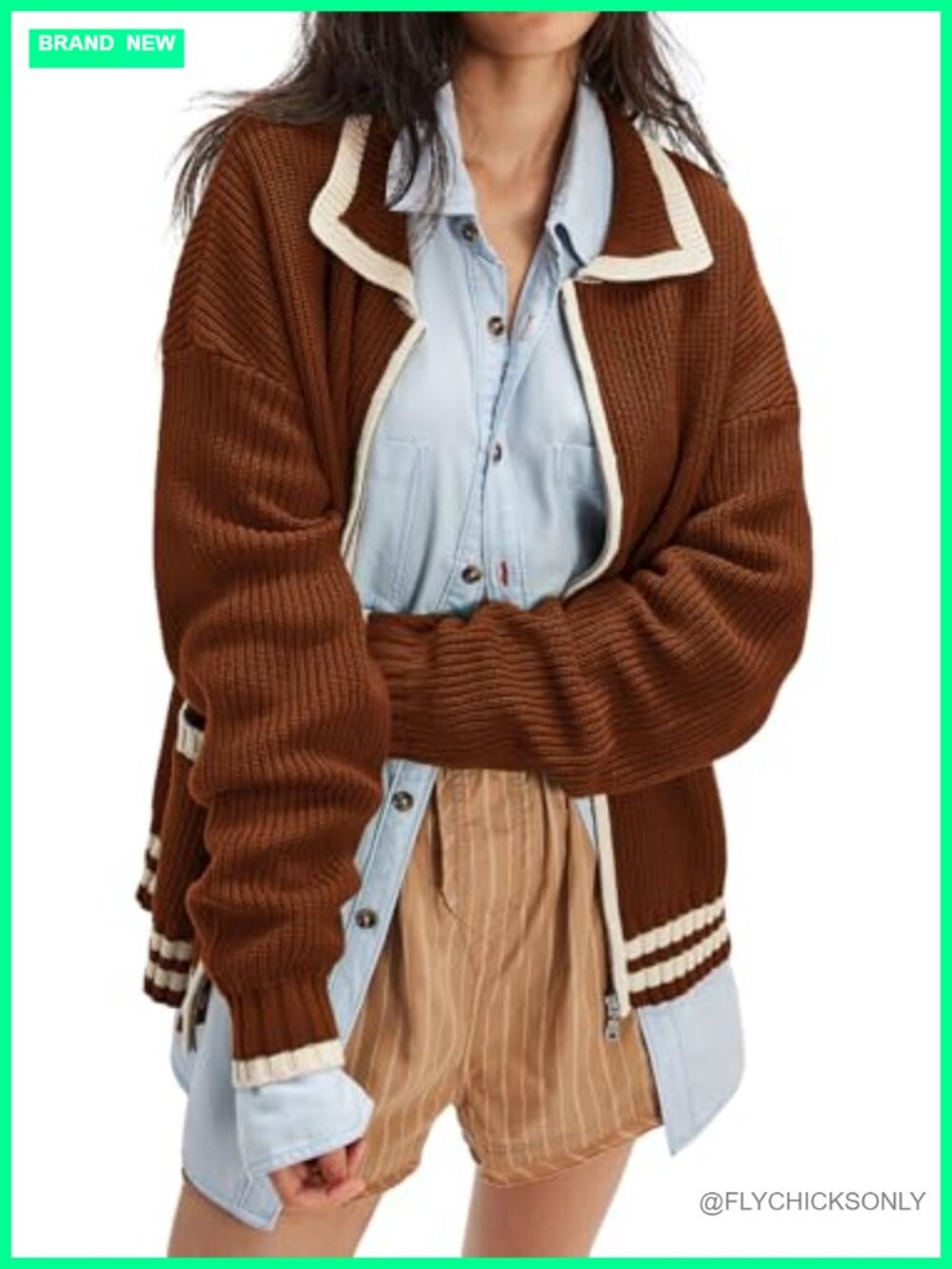 CHARTOU Casual Knit Zip Up Sweater Women Fall Outfits Contrast Trim Cardigan